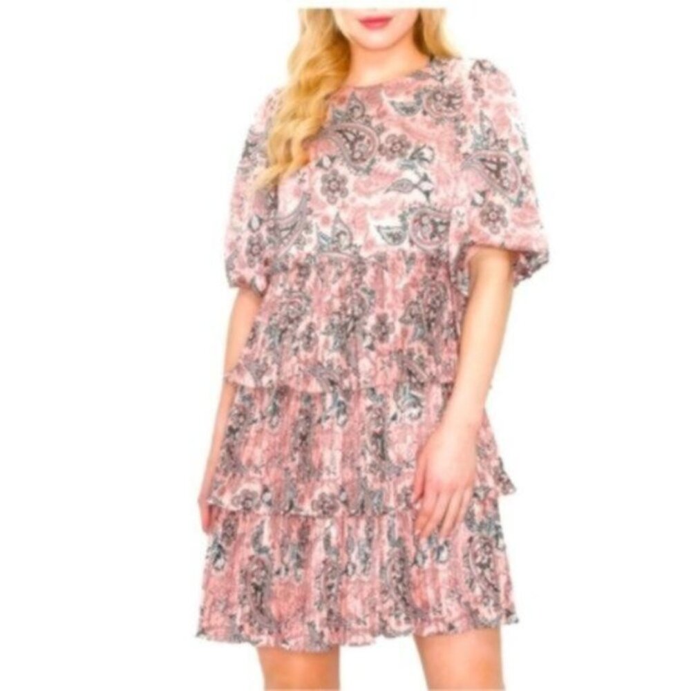 CODE X MODE Dress Paisley Tiered Ruffle Pleated Skirt Pink Green Sz.L